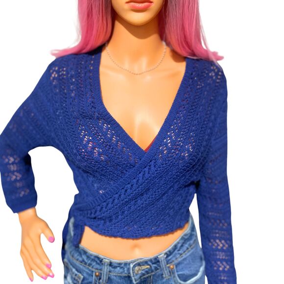 Blue crochet tie-front bolero shrug cardigan medium - Picture 3 of 12